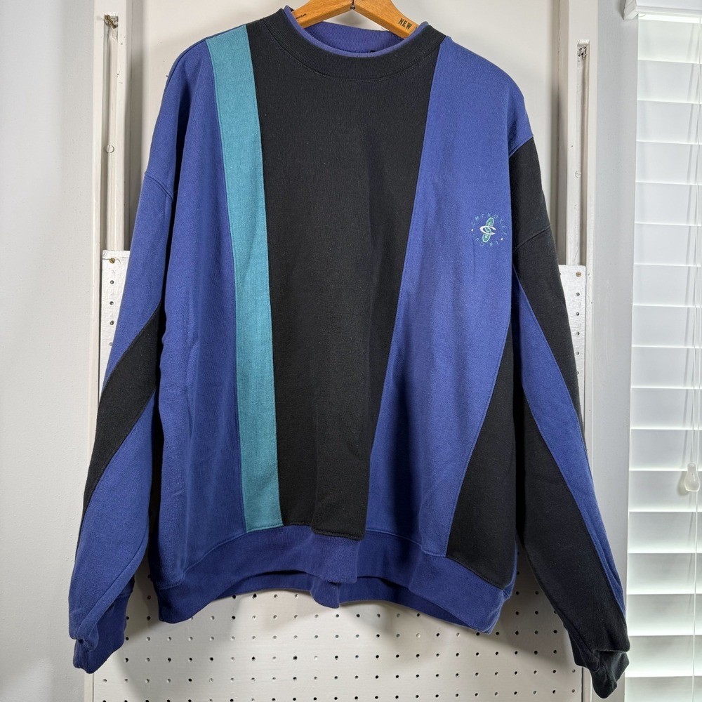 Cherokee Sweatshirt Mens XL Blue Black Colorblock VTG Elbow Patches Oversized